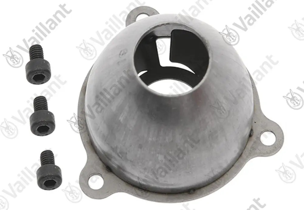 Metallene Luftdüse von Vaillant mit konischer Form und Montageöffnungen. Inklusive vier schwarzer Schrauben zur Befestigung.